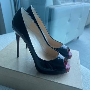 Christian Louboutin Black Patent Leather Very Prive Peep Toe Pumps